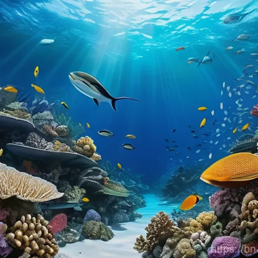 해양 기후 변화와 영향 - **Prompt:** A breathtaking underwater scene depicting a coral reef undergoing a stark transformation...