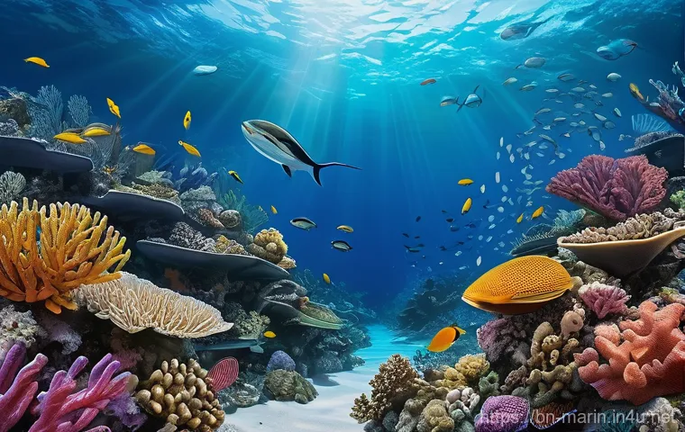 해양 기후 변화와 영향 - **Prompt:** A breathtaking underwater scene depicting a coral reef undergoing a stark transformation...