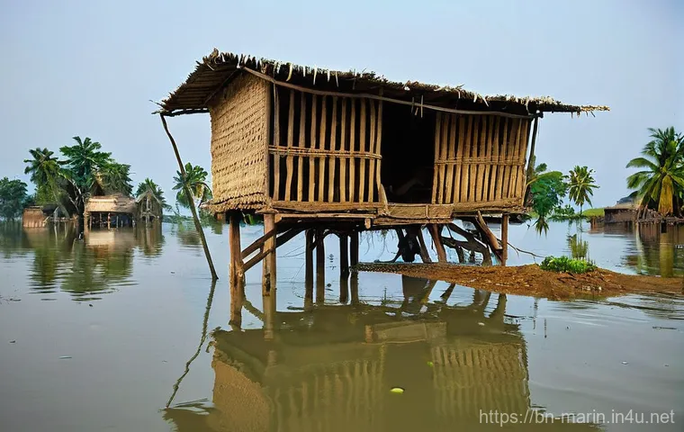 해양학 기후 변화 관측 - **Prompt for Sea-level Rise Impact on Coastal Bangladesh:**
"A poignant, realistic wide-angle ph...
