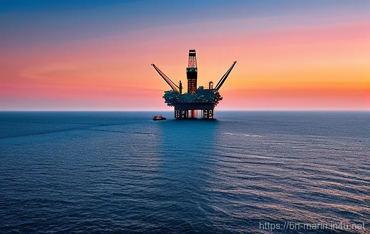 해양 석유와 가스 채굴 - **Prompt 1: The Majestic Offshore Drilling Rig at Dawn**
"A stunning aerial view of a colossal, ...