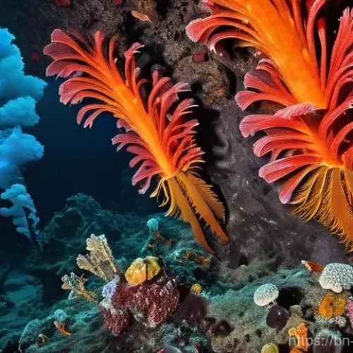 해양 지질학 기초 - **Mid-Ocean Ridge and Hydrothermal Vent Ecosystem**: A dramatic, vibrant, and alien-like underwater ...