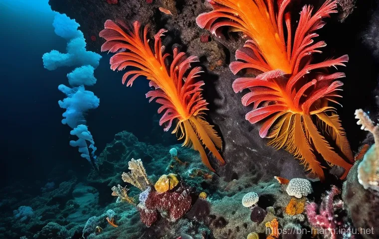해양 지질학 기초 - **Mid-Ocean Ridge and Hydrothermal Vent Ecosystem**: A dramatic, vibrant, and alien-like underwater ...