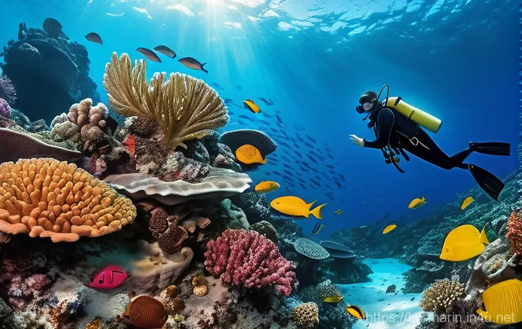 해양 교육과 학습 - **Vibrant Coral Reef and Respectful Diver:**
A breathtaking, highly detailed underwater scene sh...
