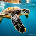 해양 환경 관리 - A poignant, hyper-realistic underwater photograph capturing a majestic sea turtle in crystal-clear b...
