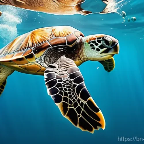 해양 환경 관리 - A poignant, hyper-realistic underwater photograph capturing a majestic sea turtle in crystal-clear b...