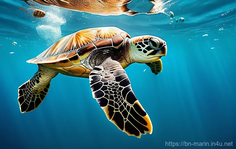 해양 환경 관리 - A poignant, hyper-realistic underwater photograph capturing a majestic sea turtle in crystal-clear b...